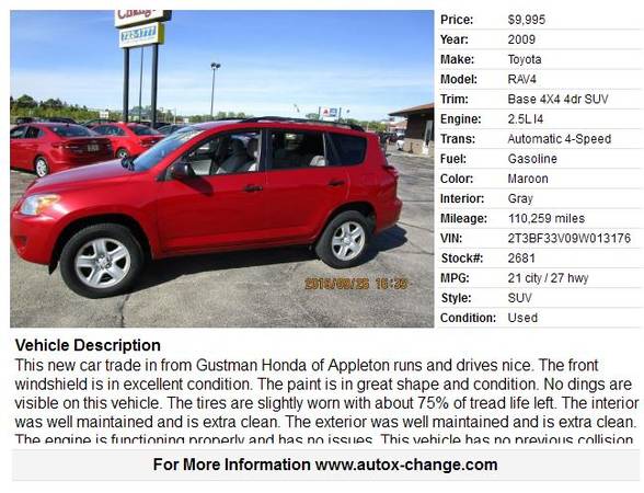 2009 Toyota RAV4 Base 4X4 4dr SUV 110259 Miles for sale in Neenah, WI – photo 2