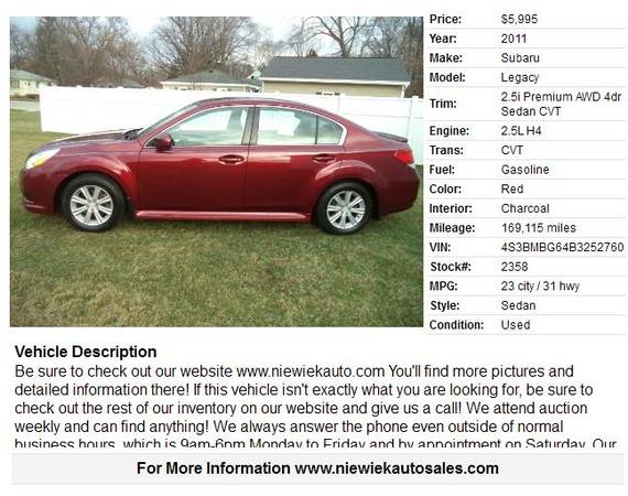 2011 Subaru Legacy 2.5i Premium stk #2358 - cars & trucks - by... for sale in Grand Rapids, MI – photo 2