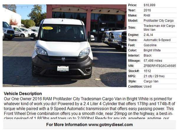 2016 Ram Promaster City Tradesman Cargo Van 57K MILES - cars & for sale in Citrus Heights, CA – photo 2